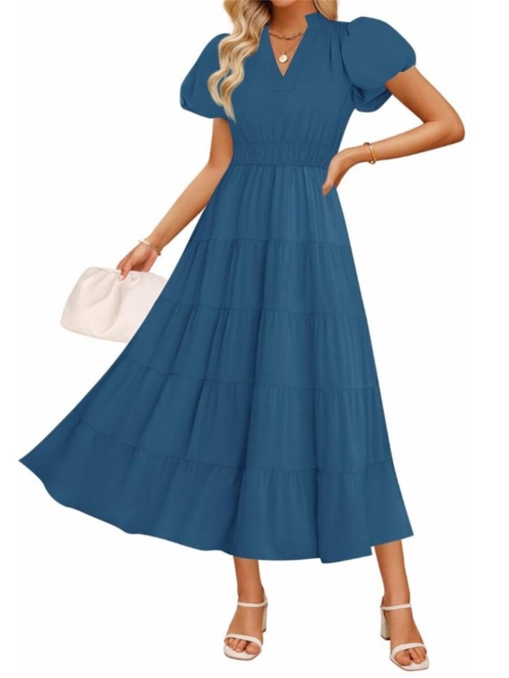 Tiered Midi Dress Puff Sleeve Size Small